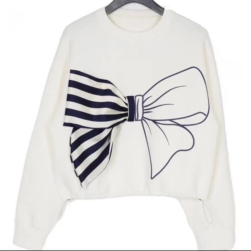 White Bow Print Personalized Loose and Lazy Style Hoodie for Women Early Autumn Top 241203