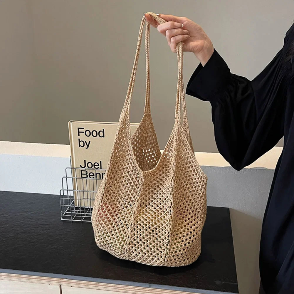 Fashion Womens Hollow Woven Shoulder Bags Large Capacity Knitting Underarm Bag Solid Crochet Tote Handbag Summer Mesh Beach 241203Z