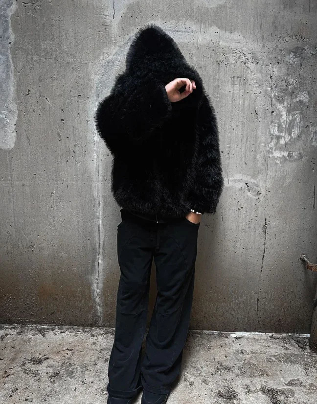 Fashion reversible loose plush black fully matched hooded sweatshirt for mens casual winter jacket cotton jacket essential item 241209