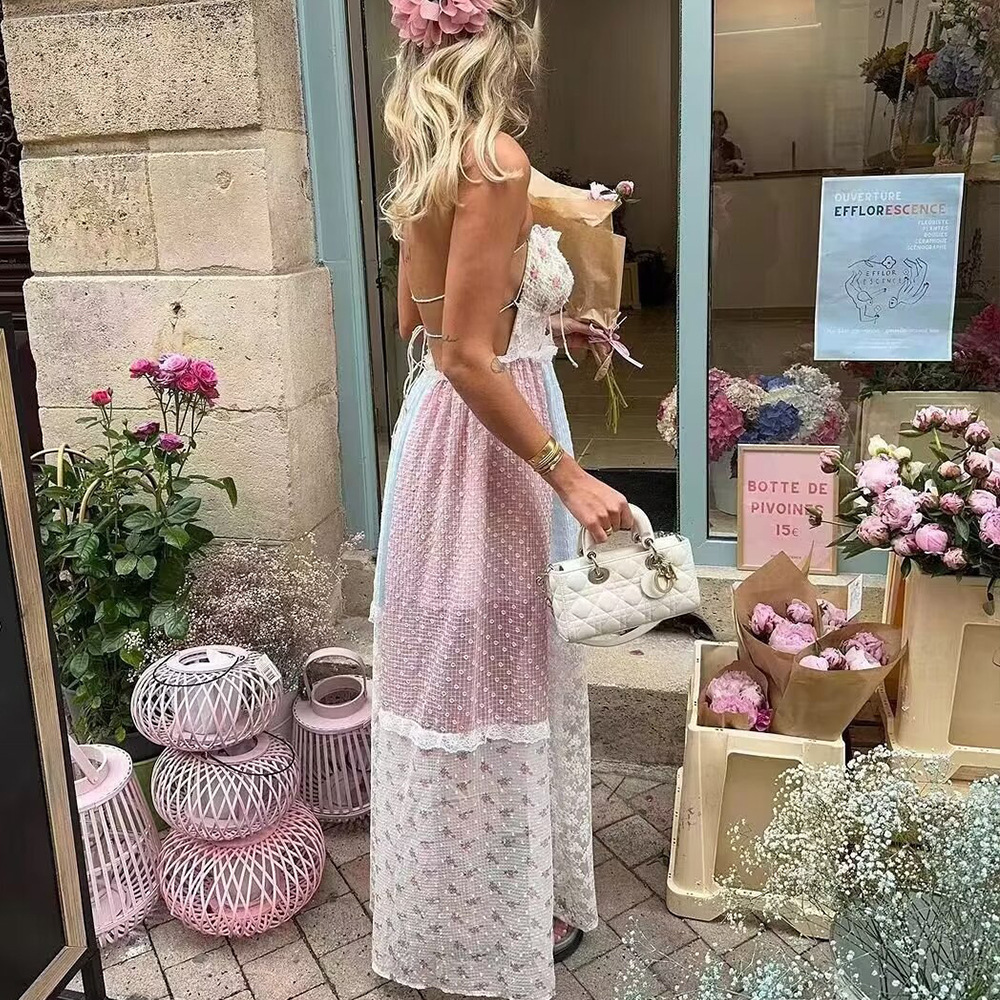 Womens floral lace neck hanging dress Boho Vintage Floral Printed Maxi Dress Women Holiday Patchwork Sweet Cascading Dresses Vestidos 210514