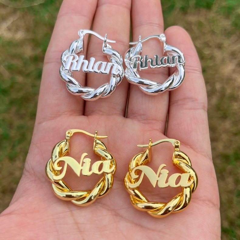 New Fashion Personalized Custom Name Letter Earrings Big Hoop Hip-hop Style Hip Hop Iced Out Ear Ring Diy Initial Stainless Steel Earring For Girls Pe