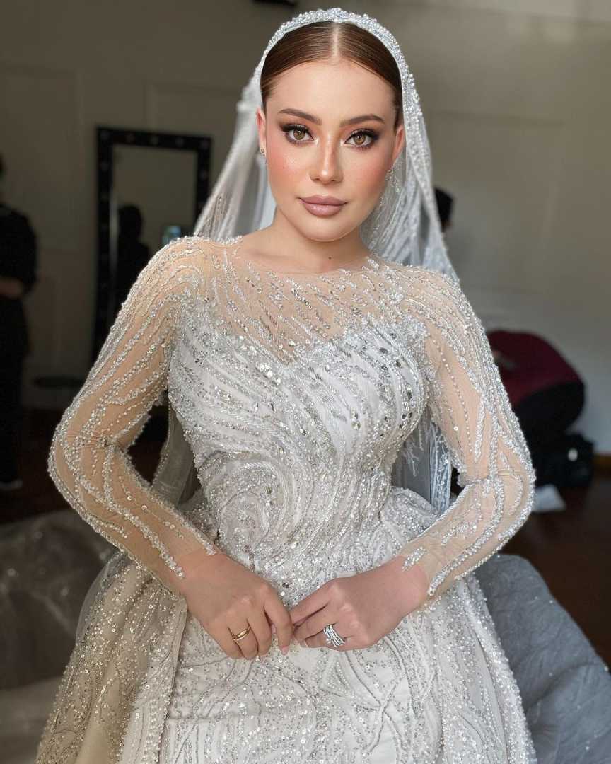 Mermaid Dresses For Women O Neck Long Sleeves Gown Sequins Appliques Sweep Train Customized Dress Party Vestido De Novia