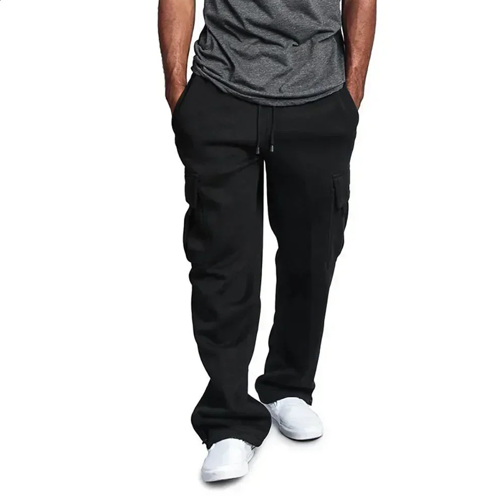 Mens Fleece Cargo Pants Loose Drawstring Sweatpants with Pockets Sports Straight Trousers Jogging Long Hip Hop Streetwear 241203Z