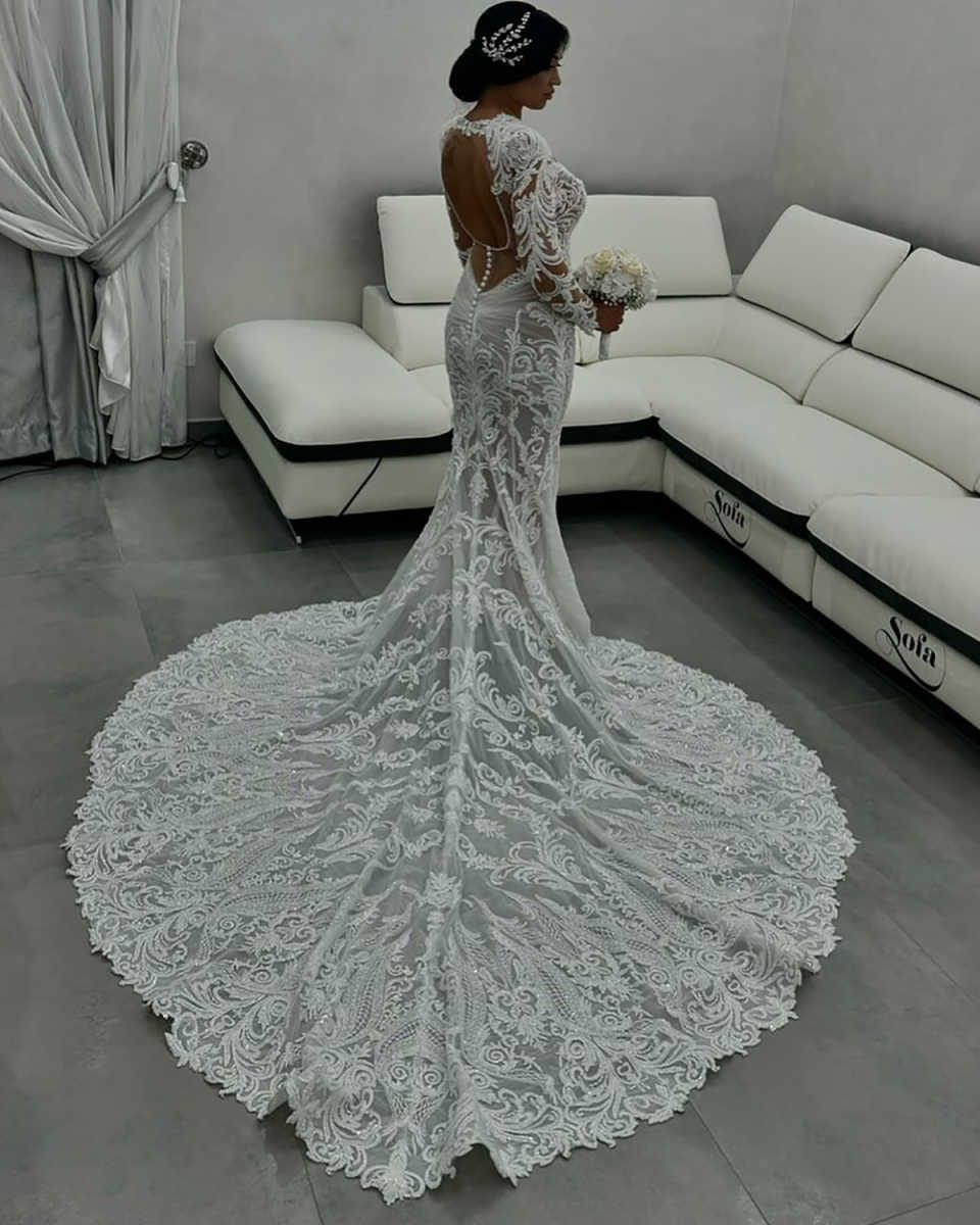 Fashion Mermaid Wedding Dresses For Women V Neck Long Sleeves Gown Sequins Appliques Backless Sweep Train Customized Dress Party Vestido De Novia