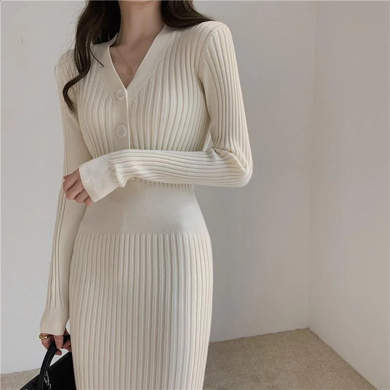 Winter ultra-thin womens long skirt V-neck sexy high waisted knitted long sleeved solid color jacket sexy womens dress fashionable 241206