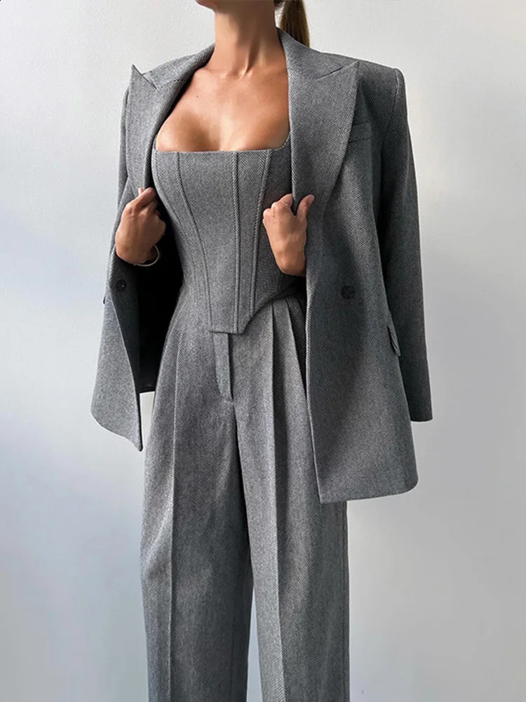 Fashion gray pants set womens 3-piece set elegant long sleeved belt jacket vest top wide waist mens set 241211