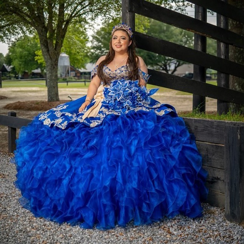 Blue Lace Appliqued Ball Gown Quinceanera Dresses Beaded Prom Gowns Off The Shoulder Necke Sixteen Sweet 15 Organza Masquerade Dress 0219