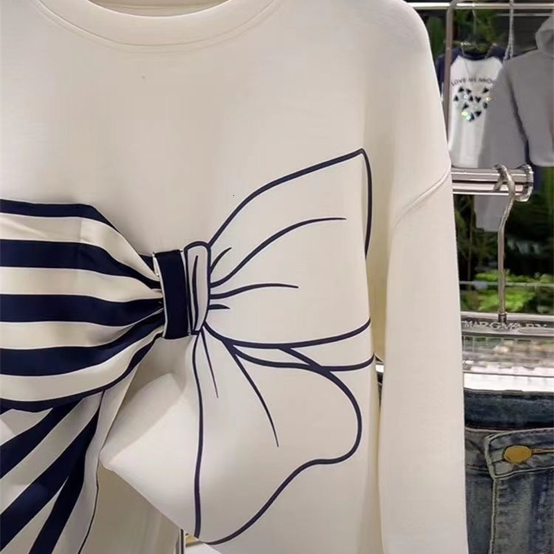 White Bow Print Personalized Loose and Lazy Style Hoodie for Women Early Autumn Top 241203