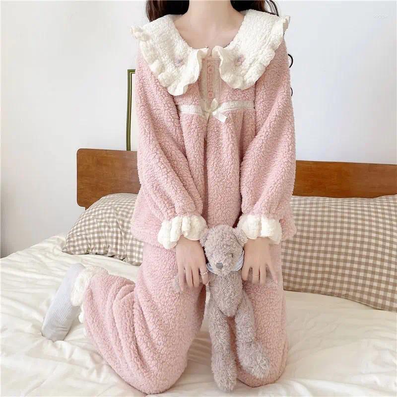 Womens Pants Short Princess Style Doll Collar Coral Fleece Pajamas Flannel Home Suit Set For Winter