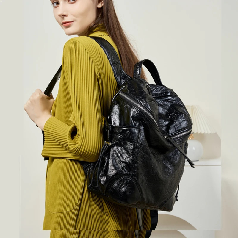 Burminsa Pleated Cowhide Genuine Leather Backpack For Women 2025 y ner College Girls School Bags Black Travel Bagpack 241227