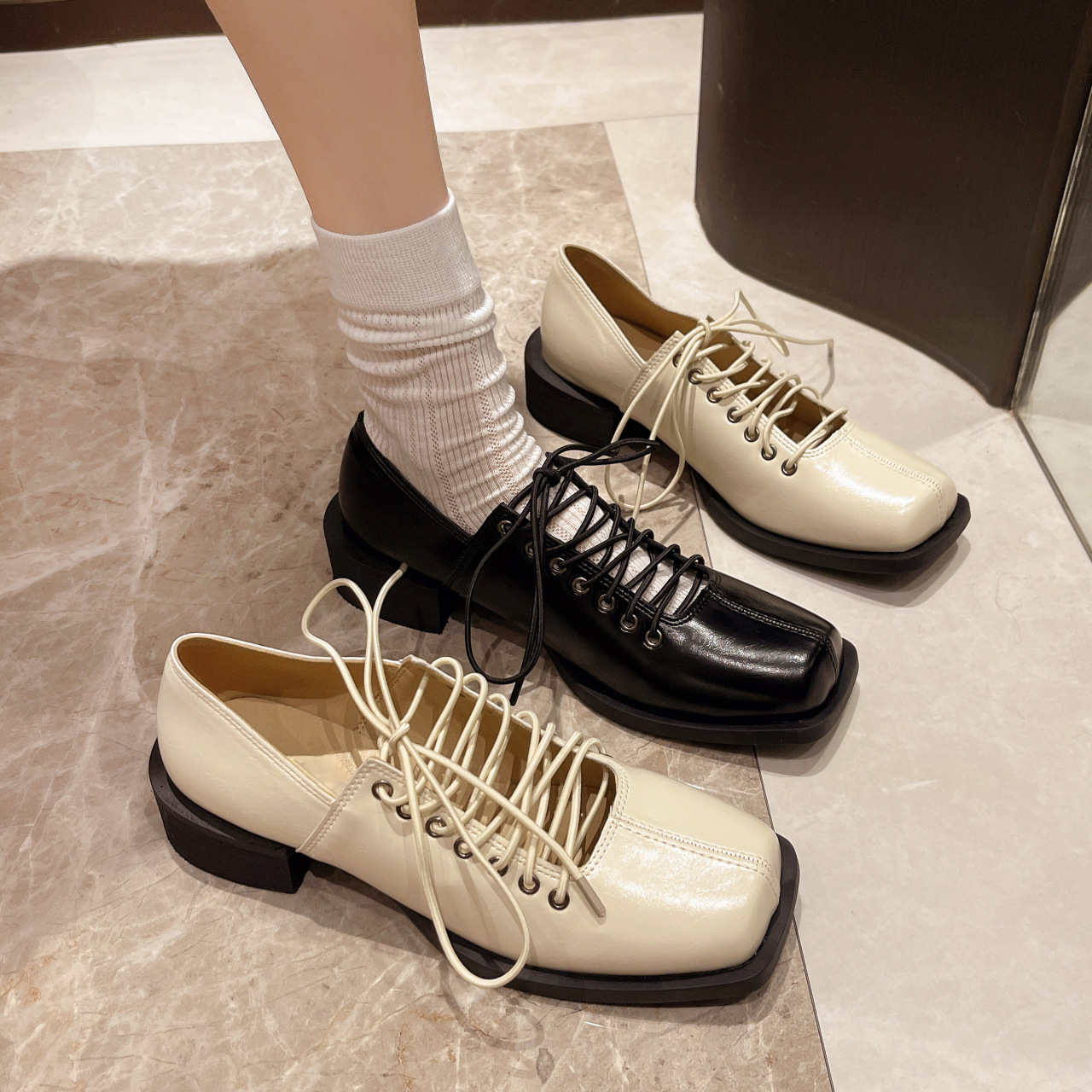 Women Dress Shoes:Thick Sole High Heel Simple Design Fashion Versatile British Style Leather Shoes,Black/Apricot,Free shipping