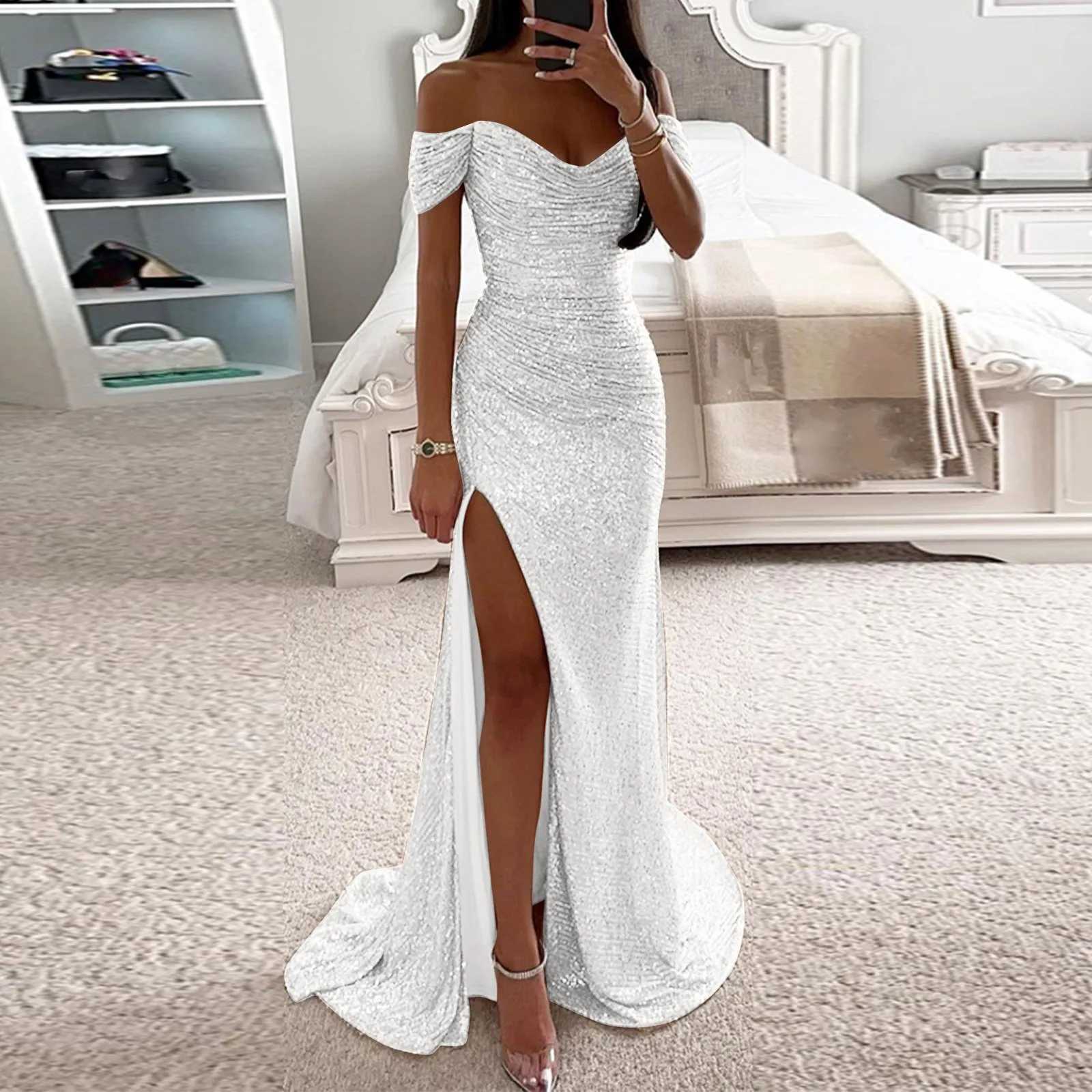 Sexy Women Dress Off-shoulder Gown Dress Sequin Pleated V-neck Maxi Slim Fit Frock Elegant Evening Club Party Prom Long SkirtXJ241210