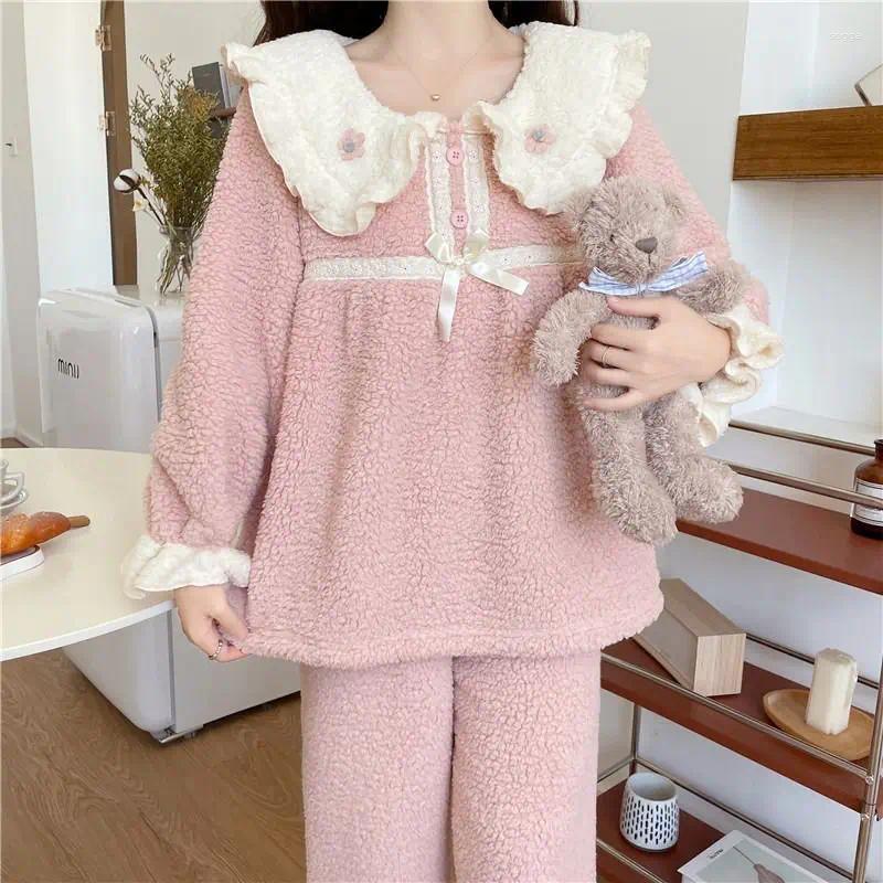 Womens Pants Short Princess Style Doll Collar Coral Fleece Pajamas Flannel Home Suit Set For Winter