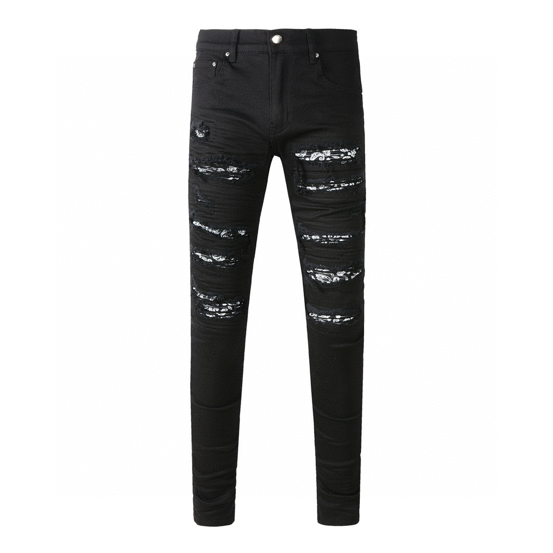 Mens Designer Jeans star Ripped Jean Man Slim Jeans Casual Zipper Trousers For Male Stretch Trouser Cashew flower patch Hip Hop Pants black cargo Jean