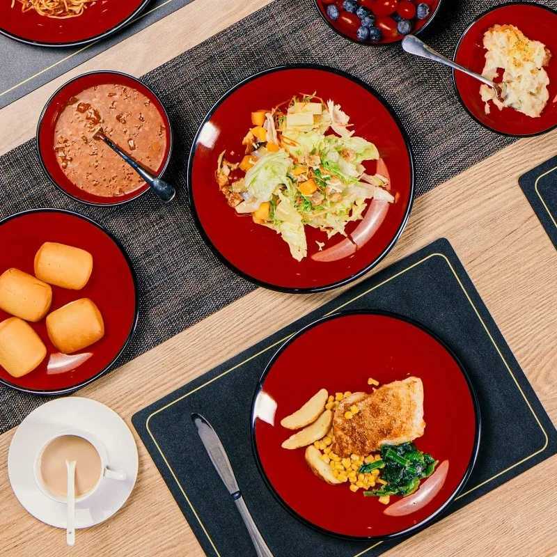 Dinnerware Sets Service for 6 Melamine Dinner Plates and Bowls Set 18-Piece Dishes Set (Red Black)XJ241209