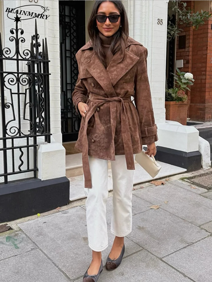Vintage Belt Suede Cropped Womens Trench Coat Full Sleeve Double Breasted Windbreaker Jackets 2024 Commute Loose Overcoats 241205