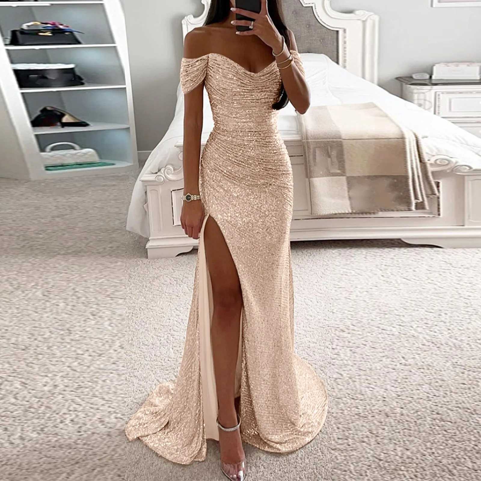 Sexy Women Dress Off-shoulder Gown Dress Sequin Pleated V-neck Maxi Slim Fit Frock Elegant Evening Club Party Prom Long SkirtXJ241210