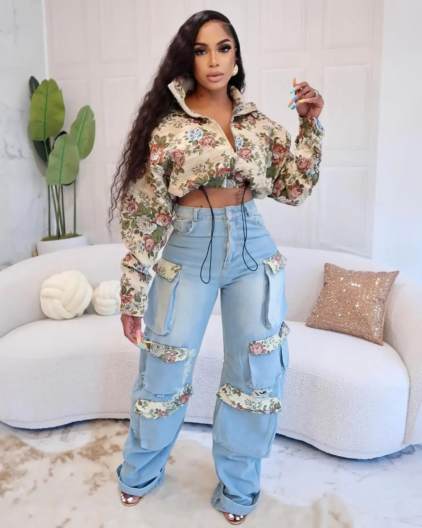 Denim Outfit Women Floral Patchwork Zipper Fly Drawstring Cropped Jacket Pockets Cargo Jeans 2 Piece Set Streetwear Tracksuits 241209