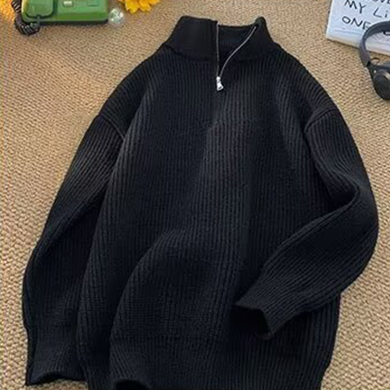 Half-high neck zipper pullover sweater men's autumn and winter Hong Kong style retro slouchy tops Japanese Department of matching couple knitwear
