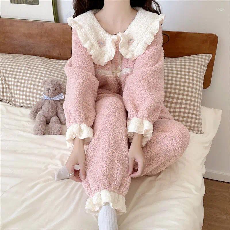 Womens Pants Short Princess Style Doll Collar Coral Fleece Pajamas Flannel Home Suit Set For Winter