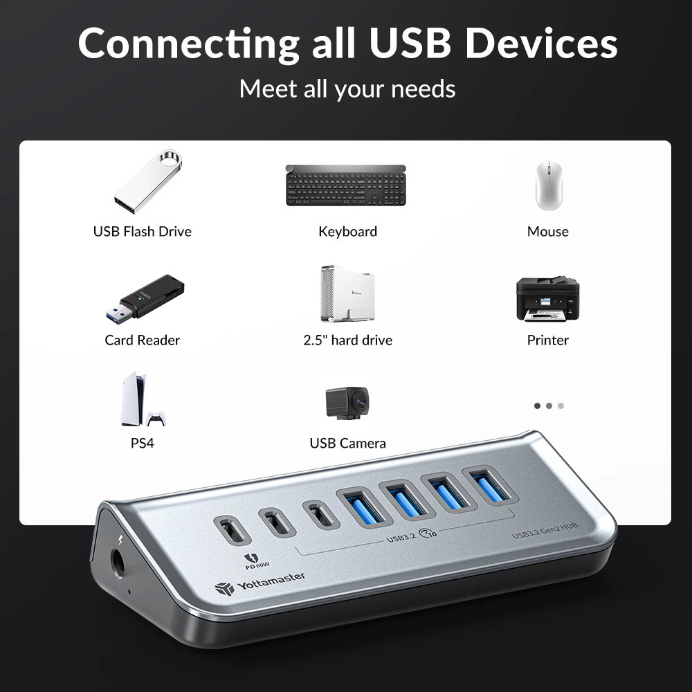Yottamaster Multi Port USB 3.2 Hub USB A Type C Hub 7 Slot Docking Station PD18W 60W USB 3.0 Fast Charging Hub USB Divider 241209