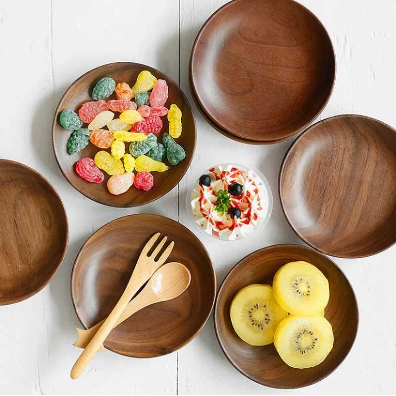 1pc Kitchen Round Wooden Dried Fruit Tray Snack Plate Handcraft Food Dish Tray Walnut Wood Tableware Japanese Kitchen Cake StandXJ241209