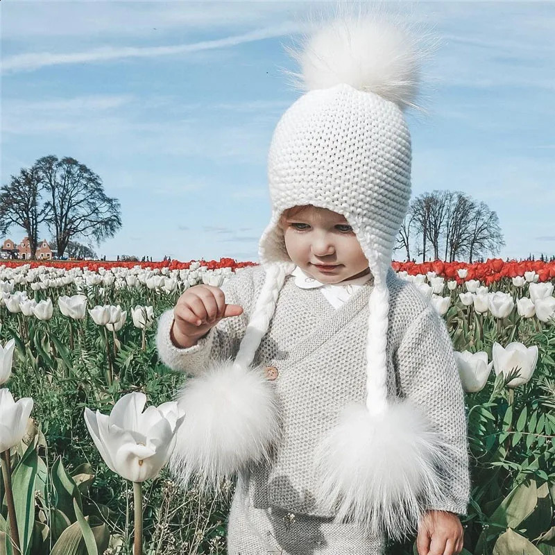 Knitted Baby Hat with Three Real Fur Pompom Children Beanie Boy Girl Natural Raccoon Fur Ball Kids Cap Cute Real Fur Pom Hat 241211