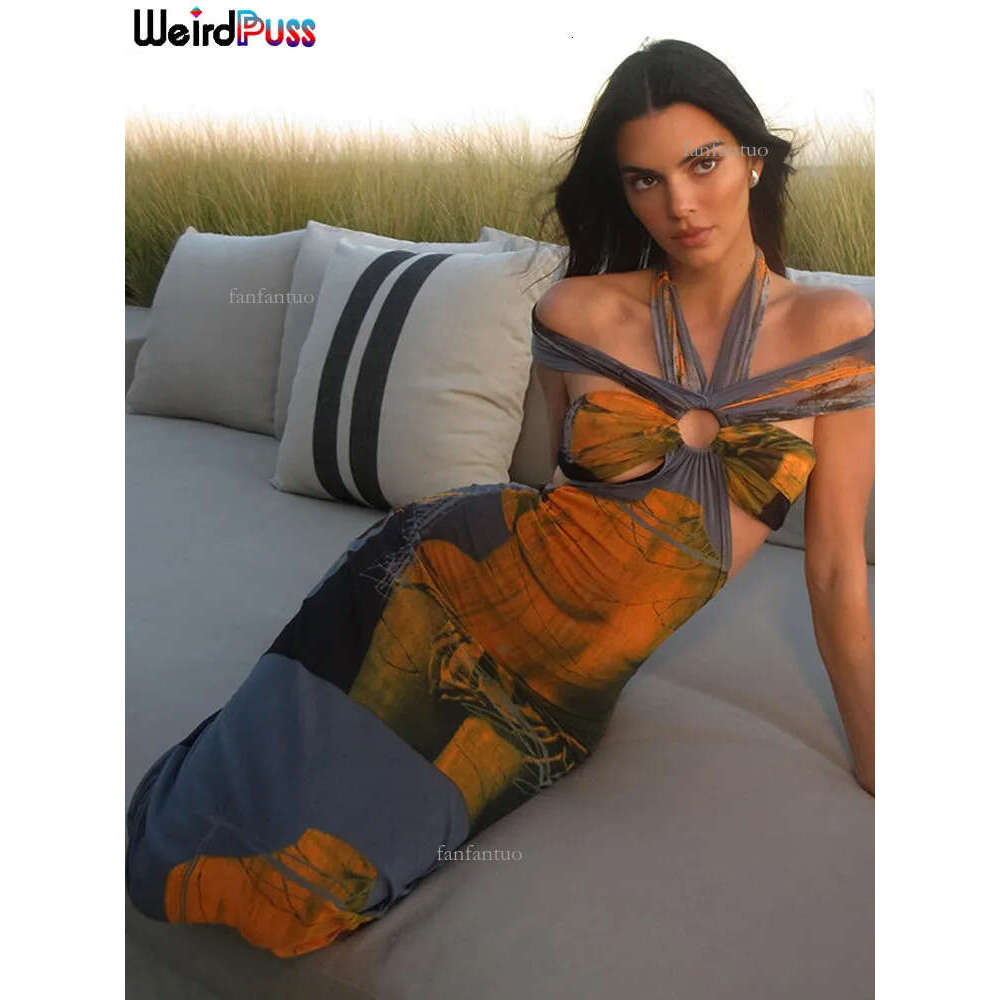 Casual Dresses Gaun Maxi Wanita Gambar Cetak Warna warni Aneh Kucing Halter Tanpa Lengan Leher Potong Elegan Musim Panas Liburan Pesta Bodycon Vestido