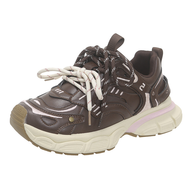 Women Sports Shoes:Mid Heel Retro Style Chunky Running Shoes New Product Anti-slip Versatile Sneakers,Grey/Brown,Free shipping