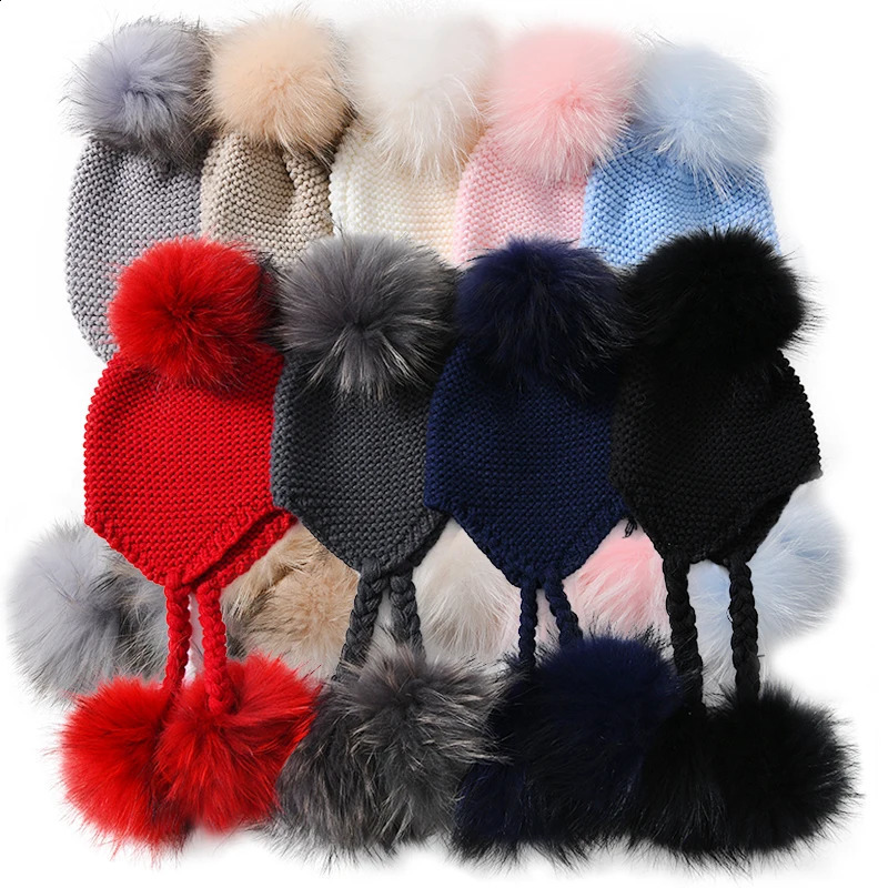 Knitted Baby Hat with Three Real Fur Pompom Children Beanie Boy Girl Natural Raccoon Fur Ball Kids Cap Cute Real Fur Pom Hat 241211