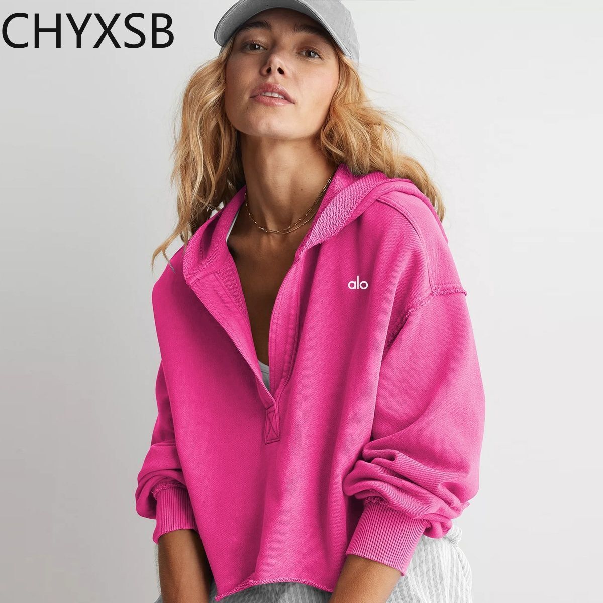 New Women's Pullover V-Neck Long-Sleeved Top Shoulder Sleeves Fiess Loose Hooded Sweater