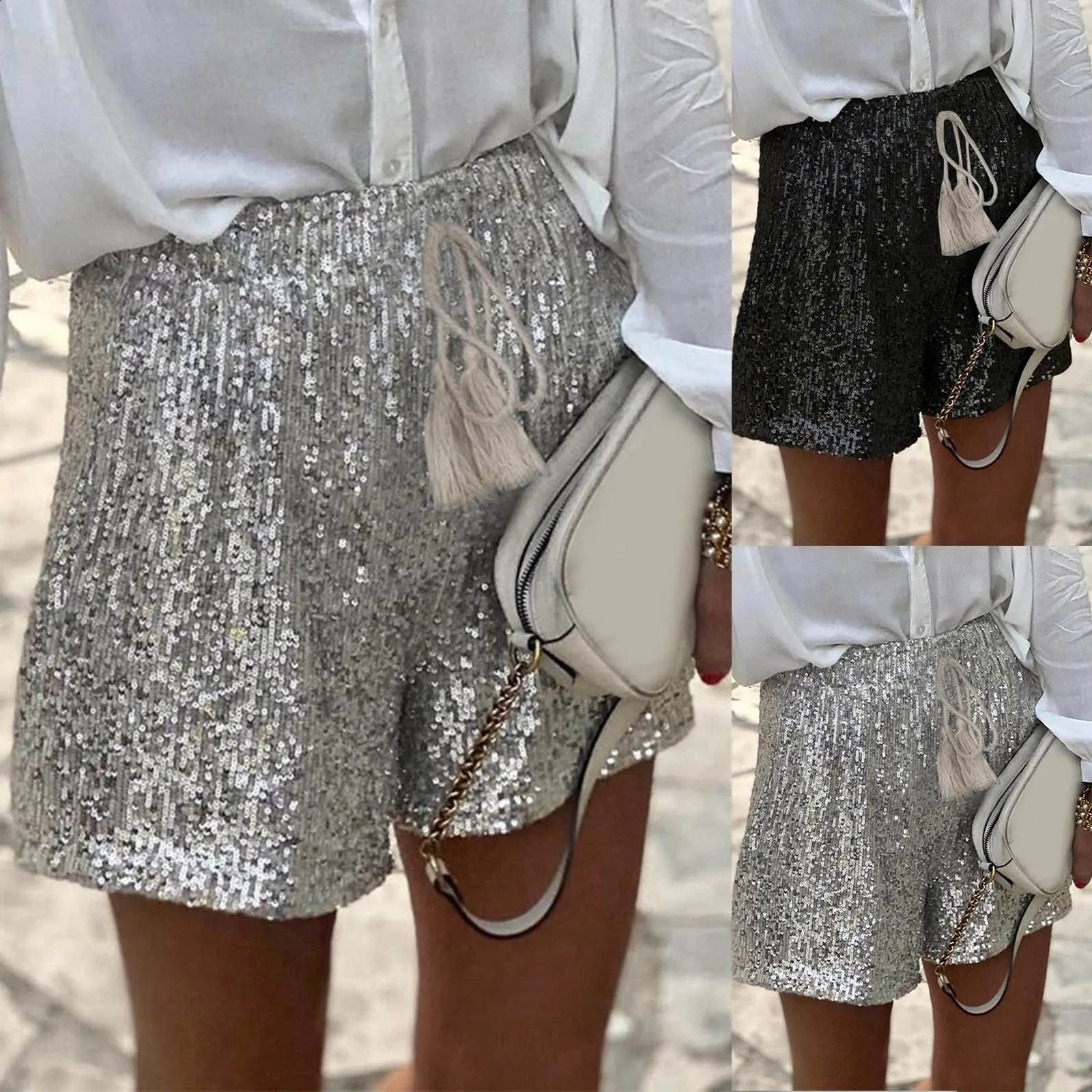 Women Sequin Shorts Summer High Waist Casual Loose A Line Women Short Pants Sparkly Clubwear Night Wear Female Shorts 241211