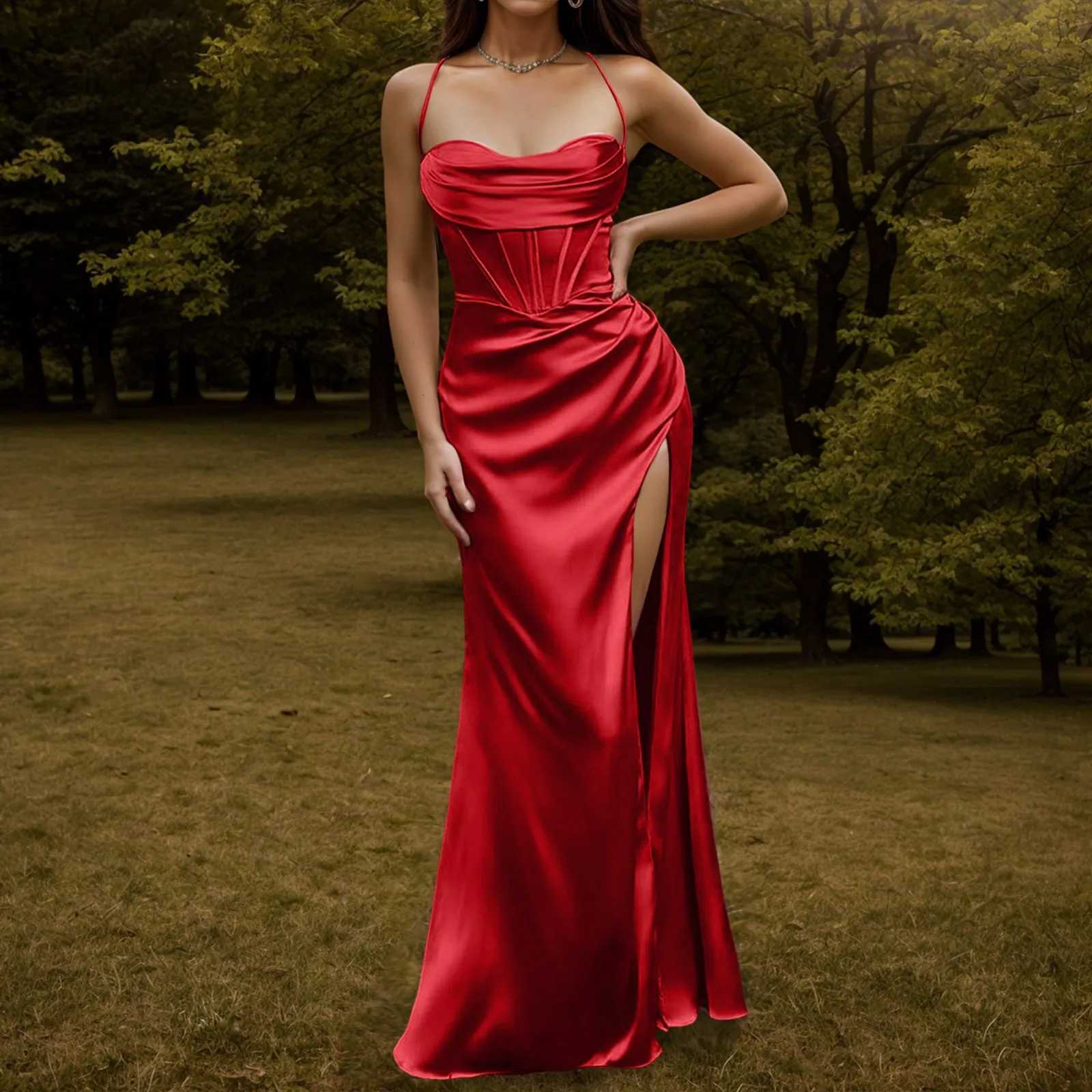 Women Sexy Sleeveless Slip Dress Smooth Silk Pleated Halter Solid Color Long Skirt Front Fork Backless Party Fashion Gala DressXJ241210