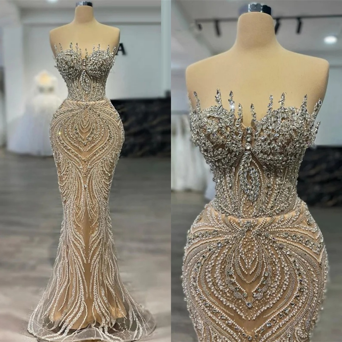 Glamorous Wedding Dresses Diamond Mermaid Bride Gowns Sequins Beading Strapless Customize Sleeveless Sweep Train Bridal Dress Plus Size Vestido de nov
