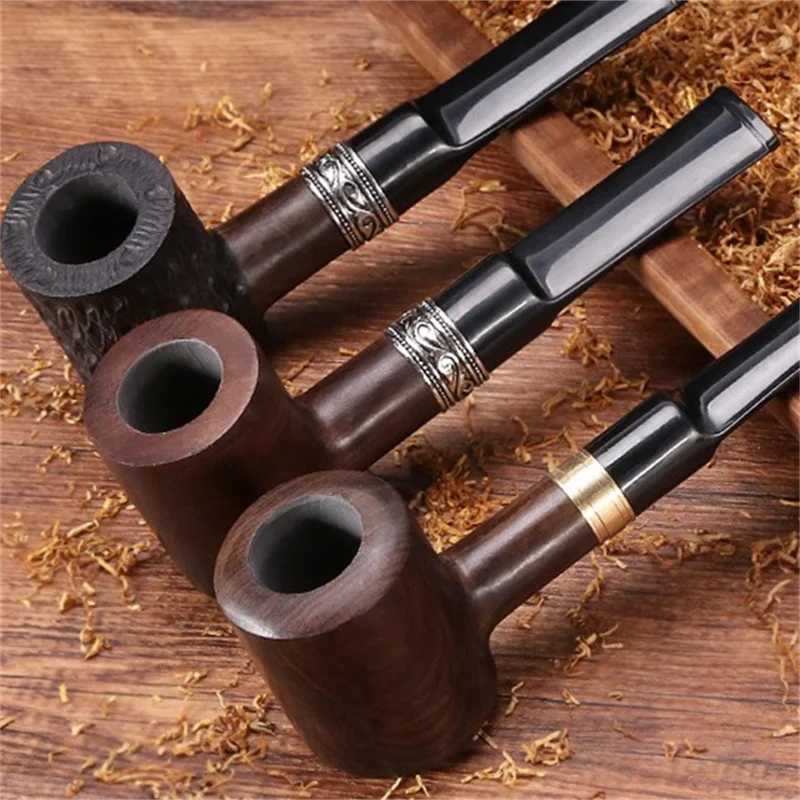 Ebony Wood 9mm Filter Flue Tobacco Pipe Retro Gentleman Bent Type Handle Handmade Smoking Pipe With Accessory Old Dads GiftXJ241211