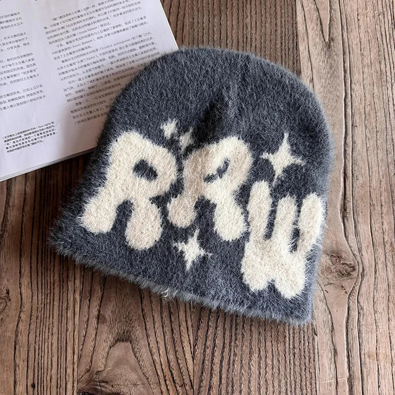 Y2K Letter Plush Knitted Hats Men Womens Autumn Winter Beanie Outdoor Riding Fashion Hats Wool Hip Hop Ear Warm Hat 241211