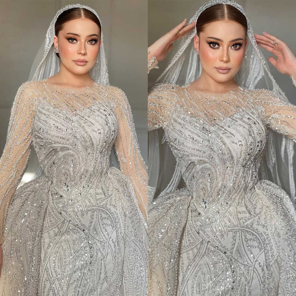 Mermaid Dresses For Women O Neck Long Sleeves Gown Sequins Appliques Sweep Train Customized Dress Party Vestido De Novia