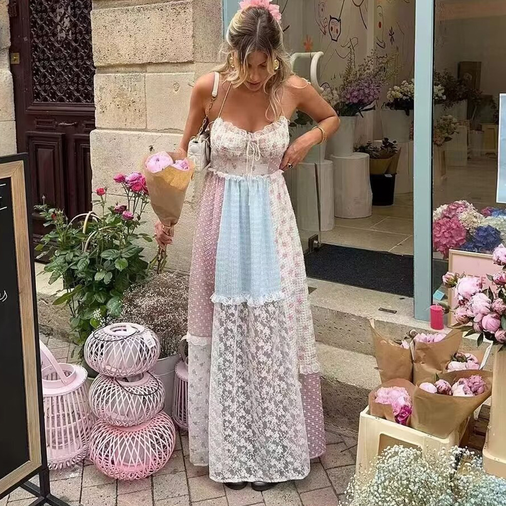 Womens floral lace neck hanging dress Boho Vintage Floral Printed Maxi Dress Women Holiday Patchwork Sweet Cascading Dresses Vestidos 210514