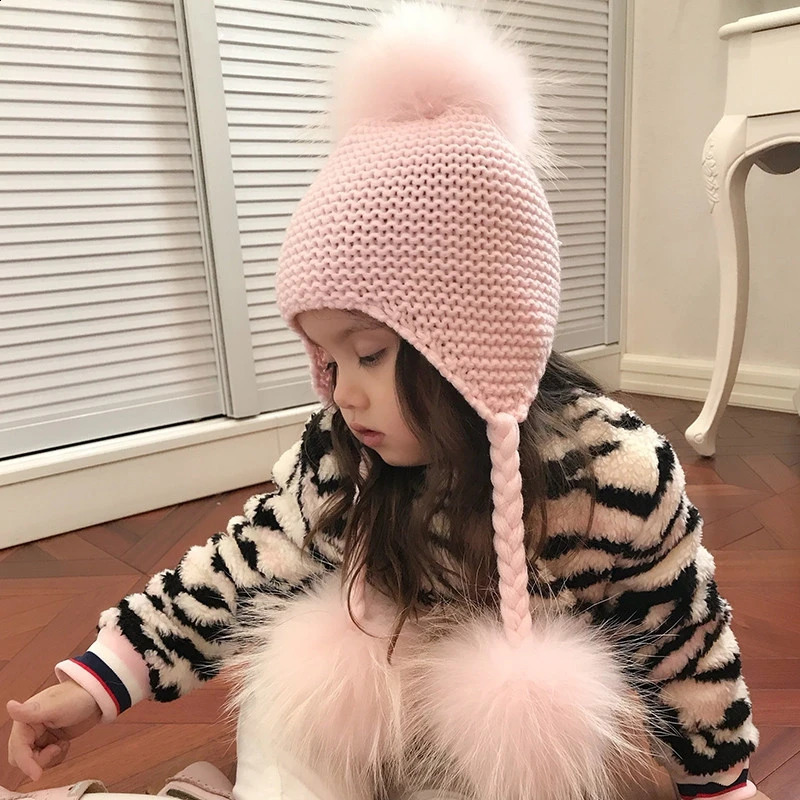 Knitted Baby Hat with Three Real Fur Pompom Children Beanie Boy Girl Natural Raccoon Fur Ball Kids Cap Cute Real Fur Pom Hat 241211