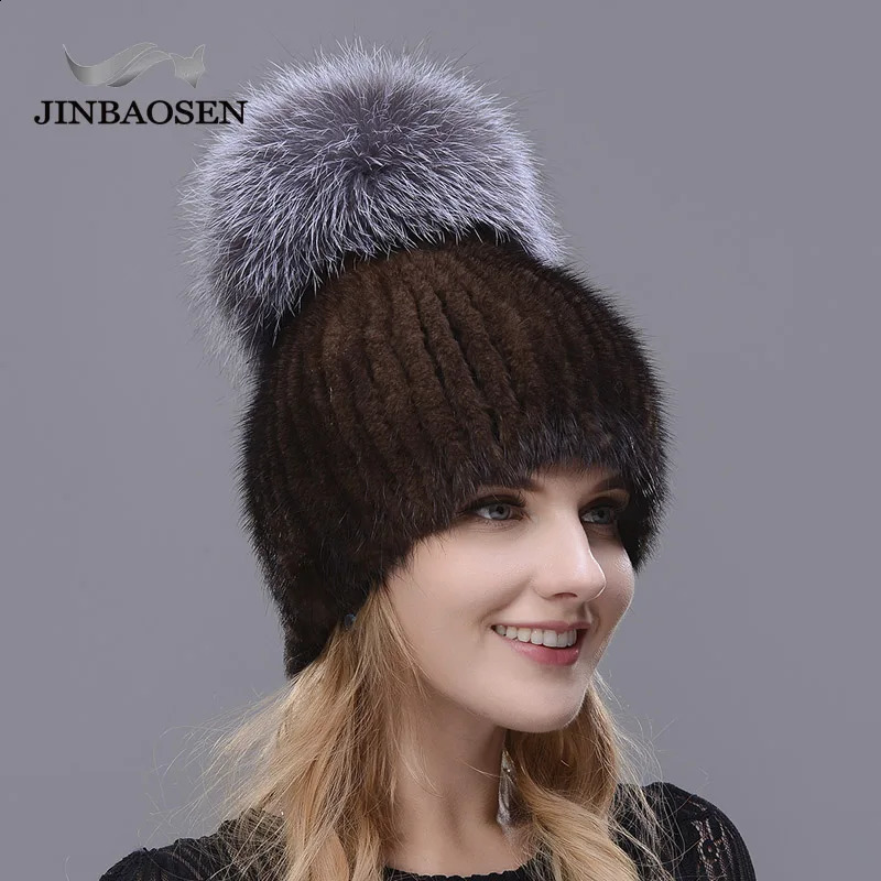 JINBAOSEN Real Mink Fur Hat for Winter Women Imported Knitted Mink Cap with Fox Fur High Quality Women Beanies 241211