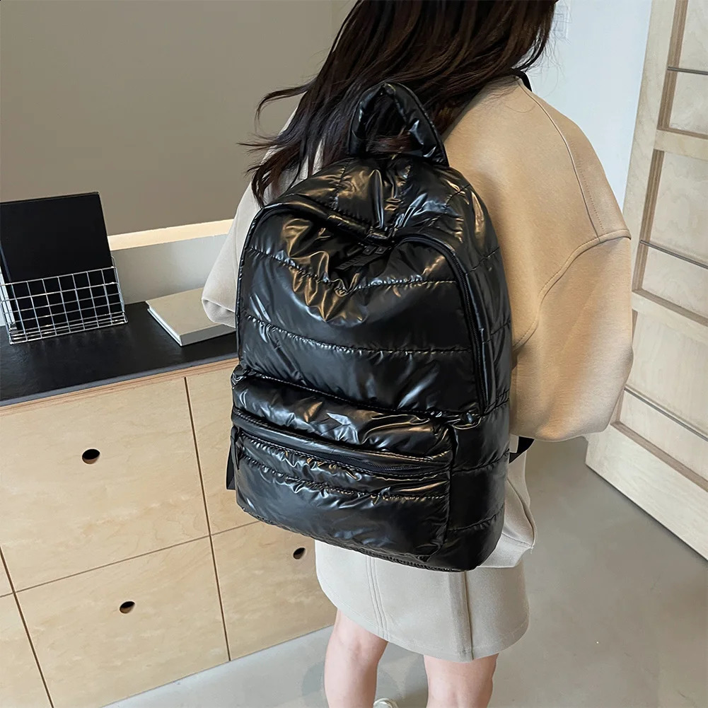 Solid Down Knapsack Large Capacity Quilted Backpack Teen Student Schoolbag Multipocket Rucksack Puffer Cotton Versatile Bookbag 241210