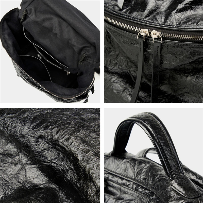 Burminsa Pleated Cowhide Genuine Leather Backpack For Women 2025 y ner College Girls School Bags Black Travel Bagpack 241227