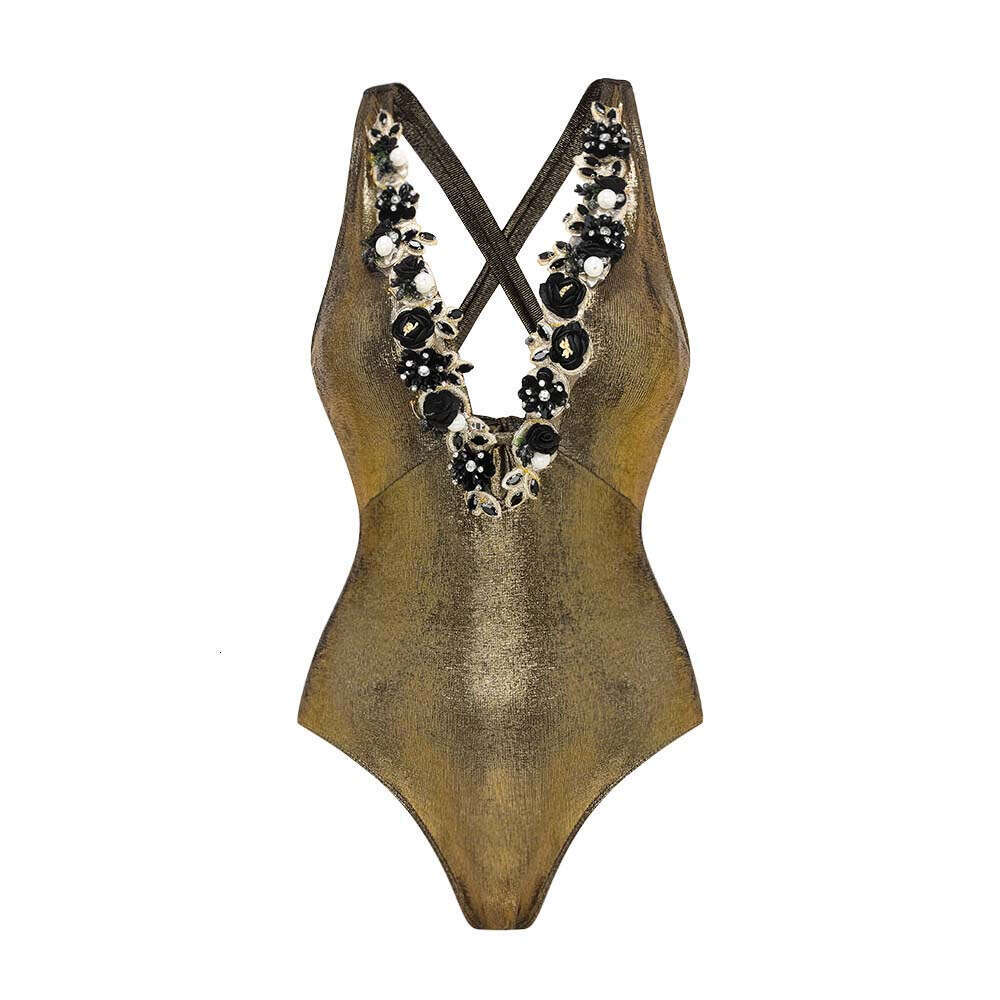 Women's Swimsuit Push Up Swimwear Monokini Gold Shiny Beaded Wers Deep V-Neck One Piece Swimsuit And Skirt Bodysuit Bathing Suit