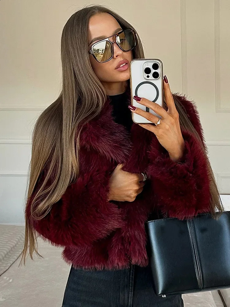 Fashion Burgundy Red Fluffy Faux Fur Short Coat Solid Lapel Full Sleeve Warm Jacket Winter Chic High Street Outerwear 241202 - view 3