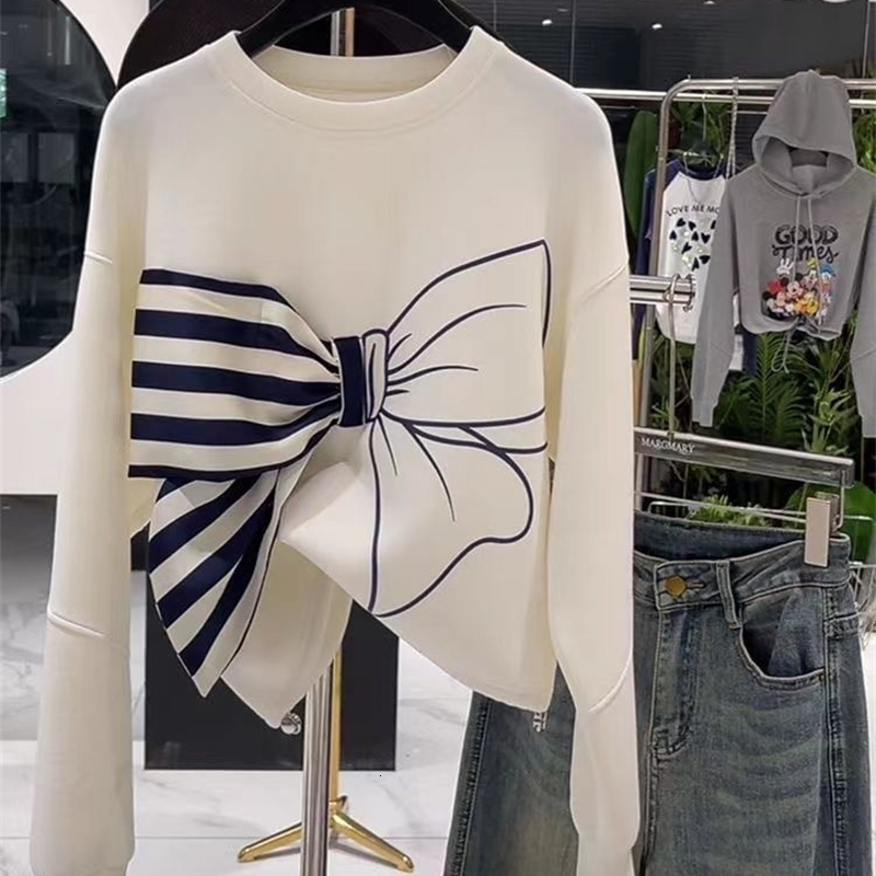 White Bow Print Personalized Loose and Lazy Style Hoodie for Women Early Autumn Top 241203