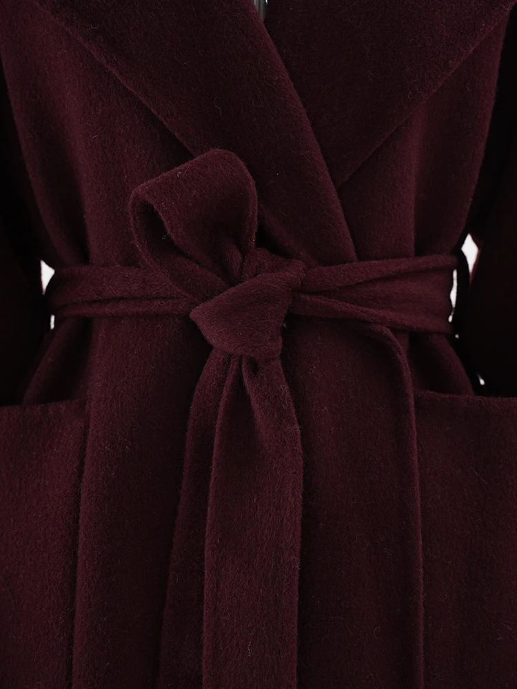 EAM wine red fur cuffs large size long wool coat hooded long sleeved womens jacket fashionable trend winter CPG2467 241205