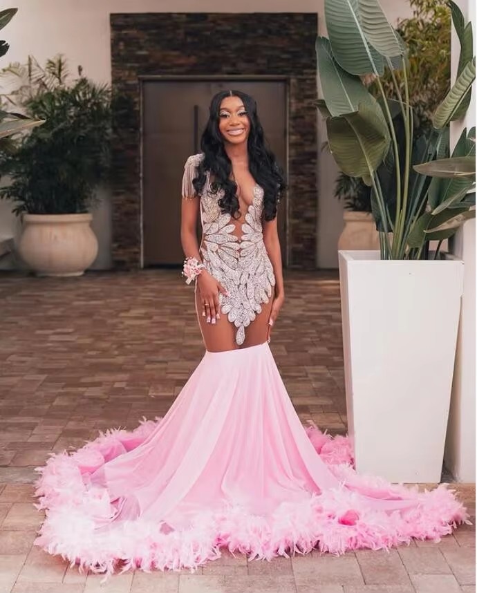 Sparkly Pink Long Mermaid Evening Formal Dresses Dia Feather Sheer Mesh Customsized Prom Birhtday Gala Gown