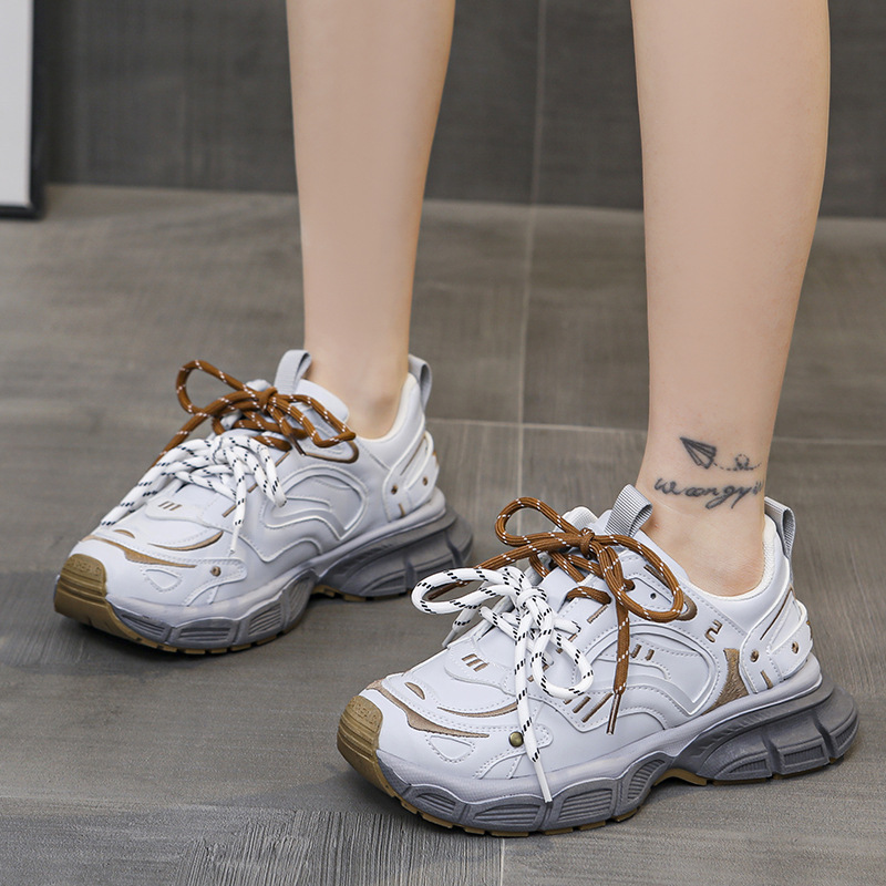 Women Sports Shoes:Mid Heel Retro Style Chunky Running Shoes New Product Anti-slip Versatile Sneakers,Grey/Brown,Free shipping