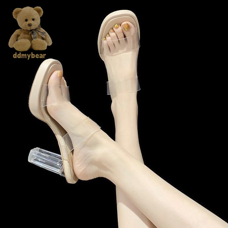 Ddmybear Crystal Sandals For Women In Summer, Transparent Anti Slip High Heels One Lined Waterproof Platform, Thick Heel Slippers Chinese Brand Shoes 