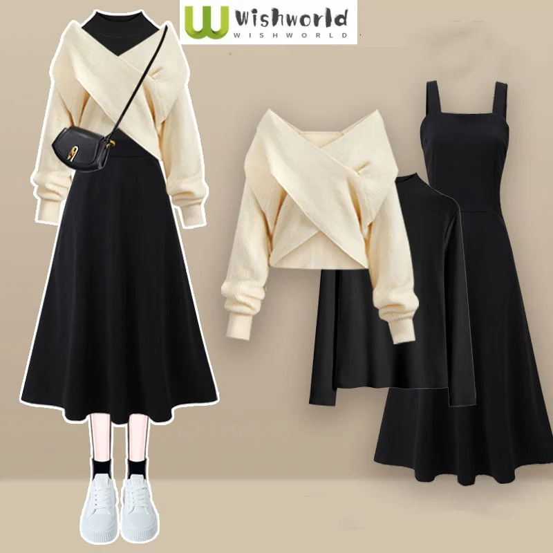 Autumn and Winter Cross Knit Sweater Pullover Round Neck Long Sleeved Tshirt Dress Three Piece Set Womens Skirt 241211